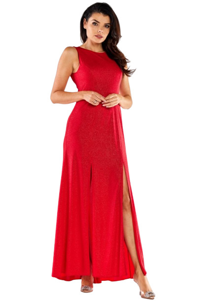 Sukienka maxi elegancka brokatowa z rozcięciami bez rękawów czerwona